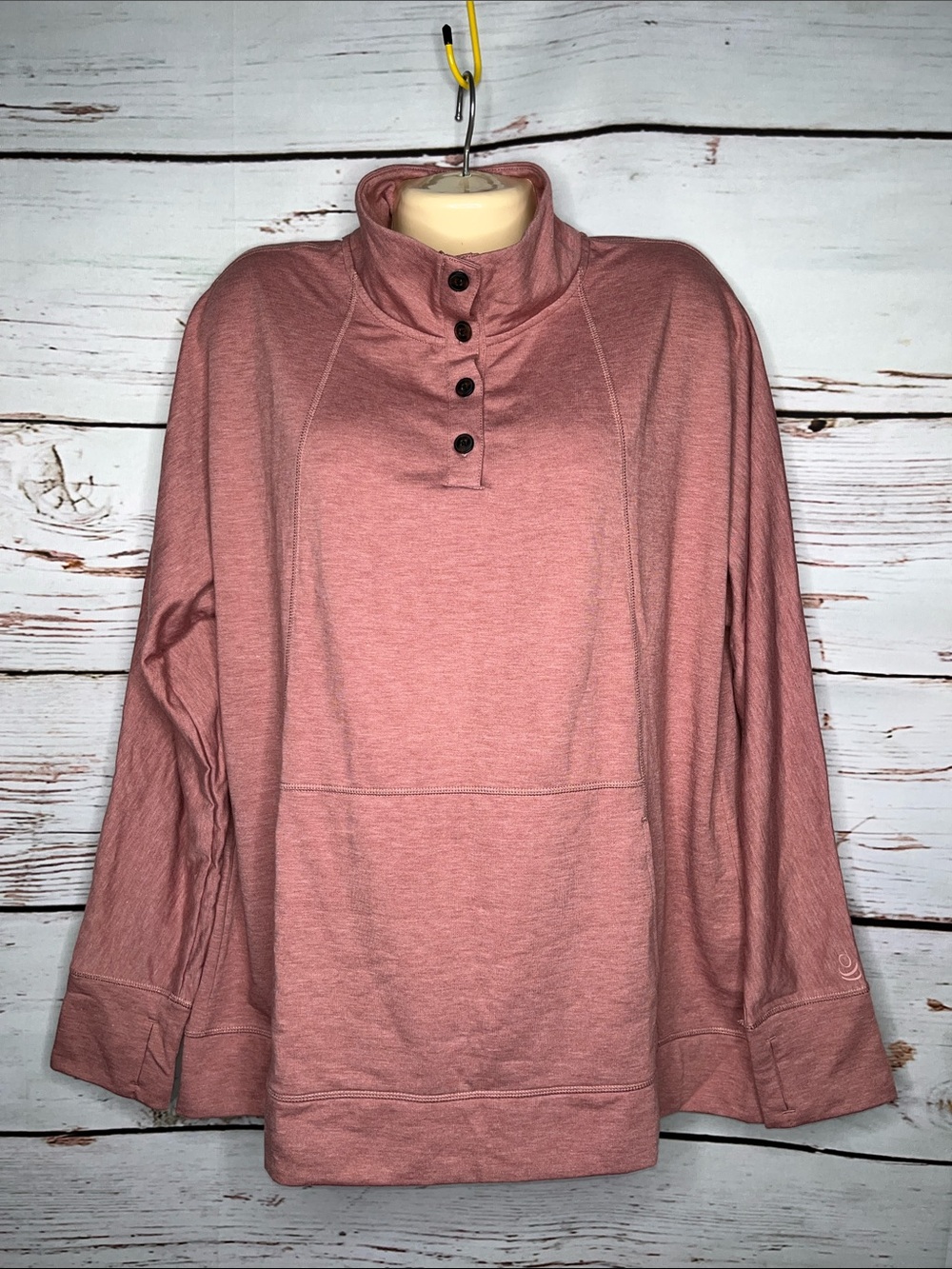Cuddl Duds NWOT L Pink Heather Mock Neck Fleece Lined Henley Pullover Knit Top